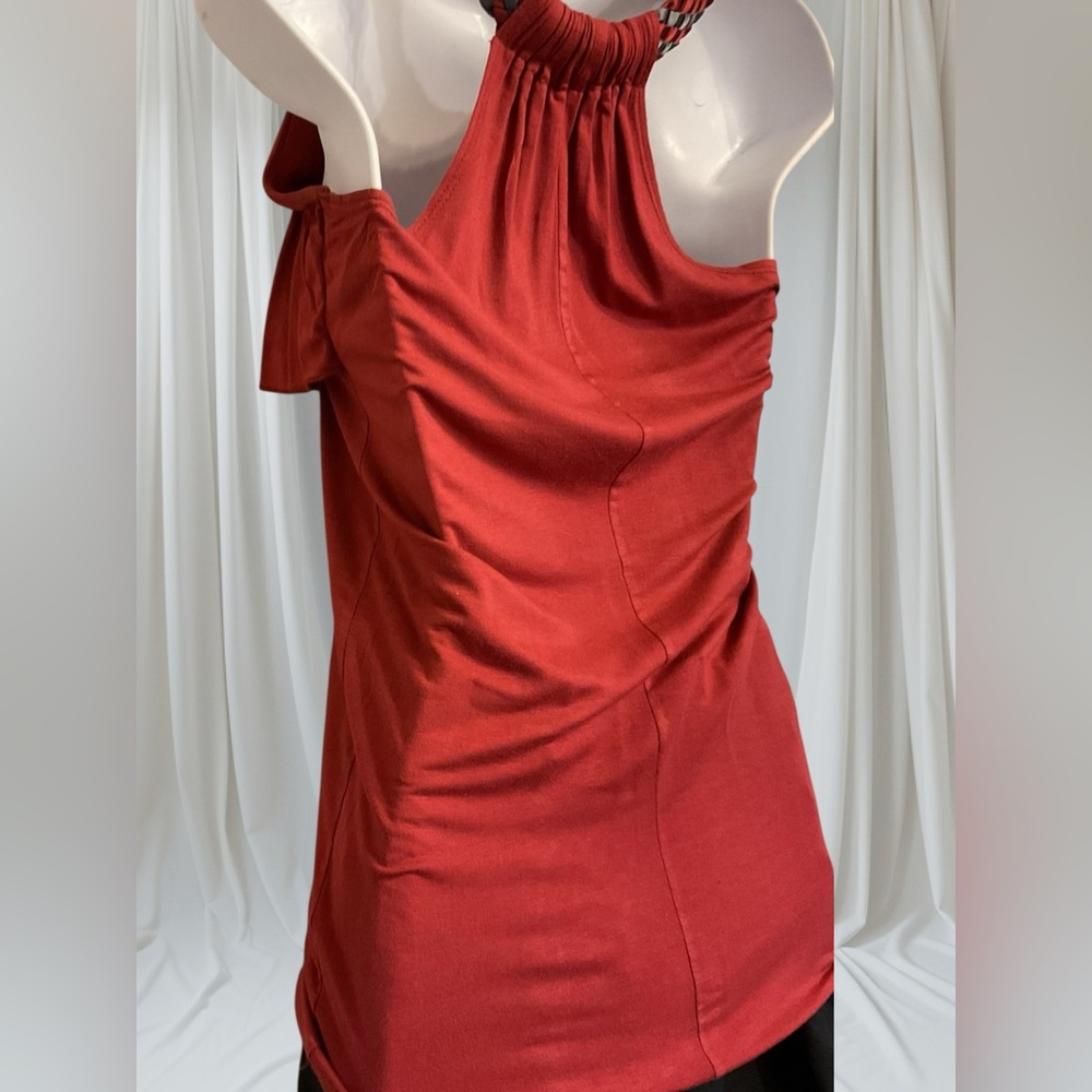 Soprano Deep Rust Red Ruffle Tank Top with Woven Accent Racerback. Y2K - Picture 7 of 7